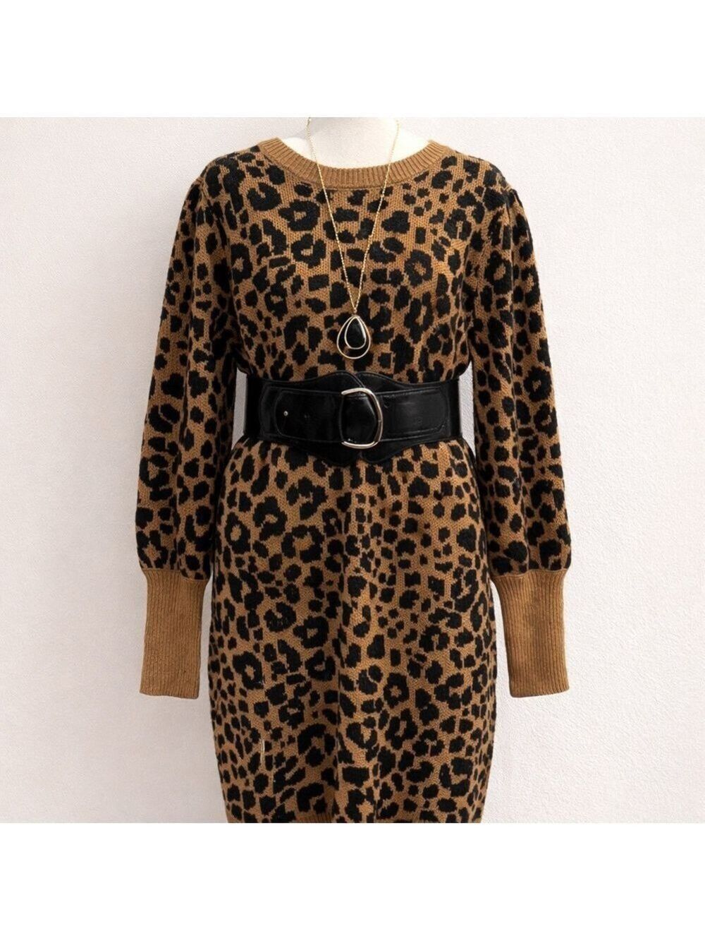 Leopard Print Sweater Dress Camel Black Long Sleeve Knit Dress Large - Picture 6 of 6